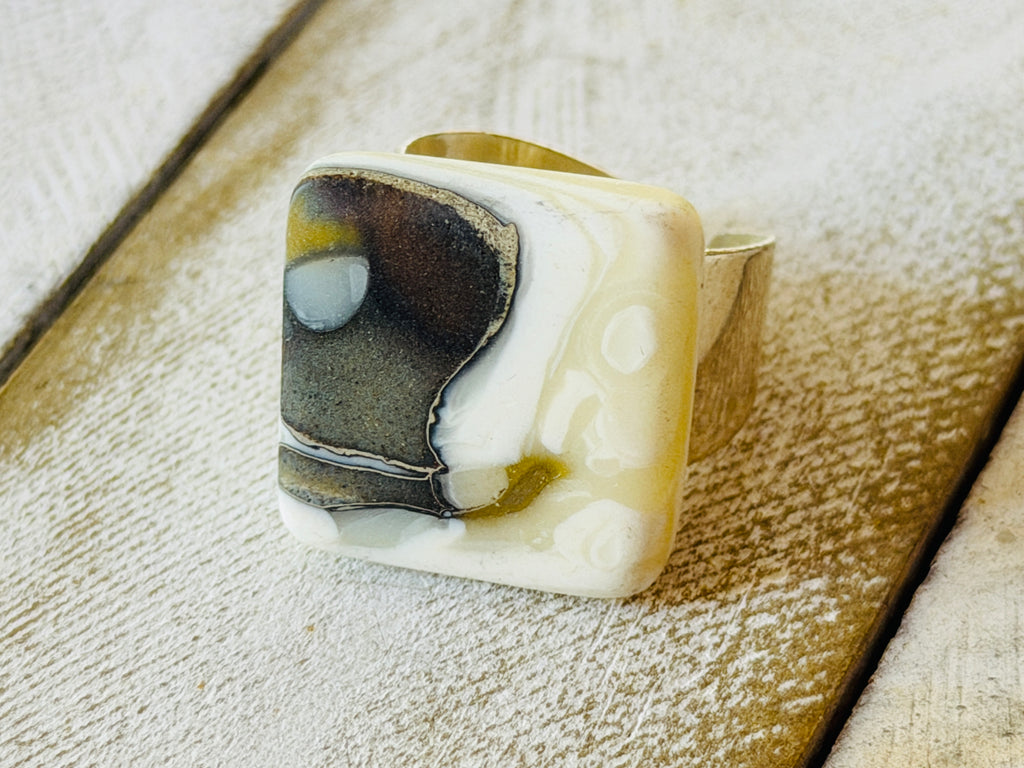 Caramel Swirl Fused Glass Adjustable Ring