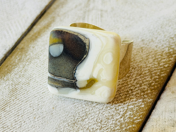Caramel Swirl Fused Glass Adjustable Ring