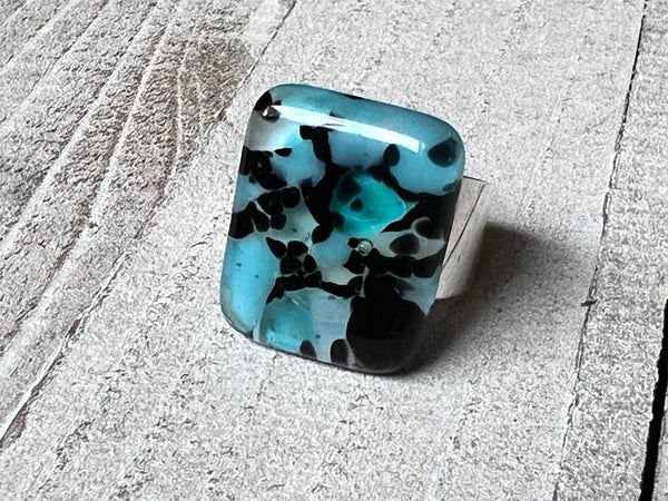 Fused Glass Blue&Black Ring