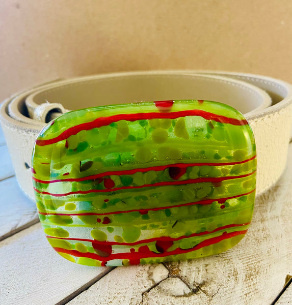 Fused Glass Belt Buckle~ Holly Jolly