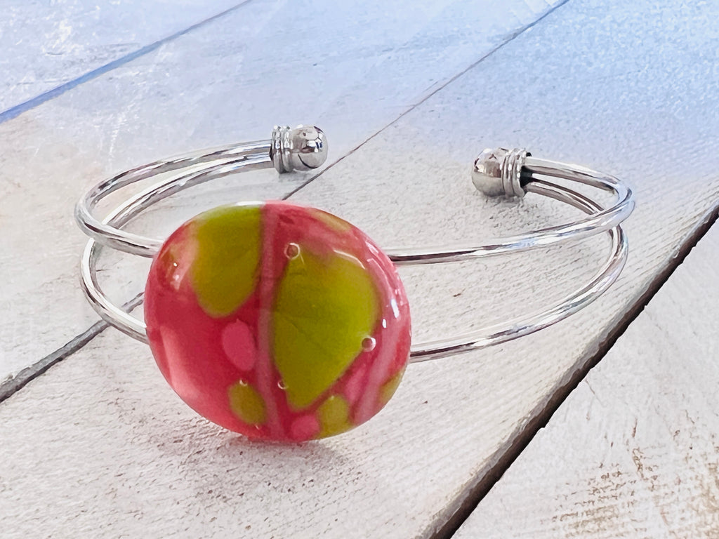 Fused Glass Cuff Bracelet~Pink and Green