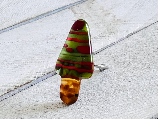 Fused Glass Adjustable Ring~ Holly Jolly