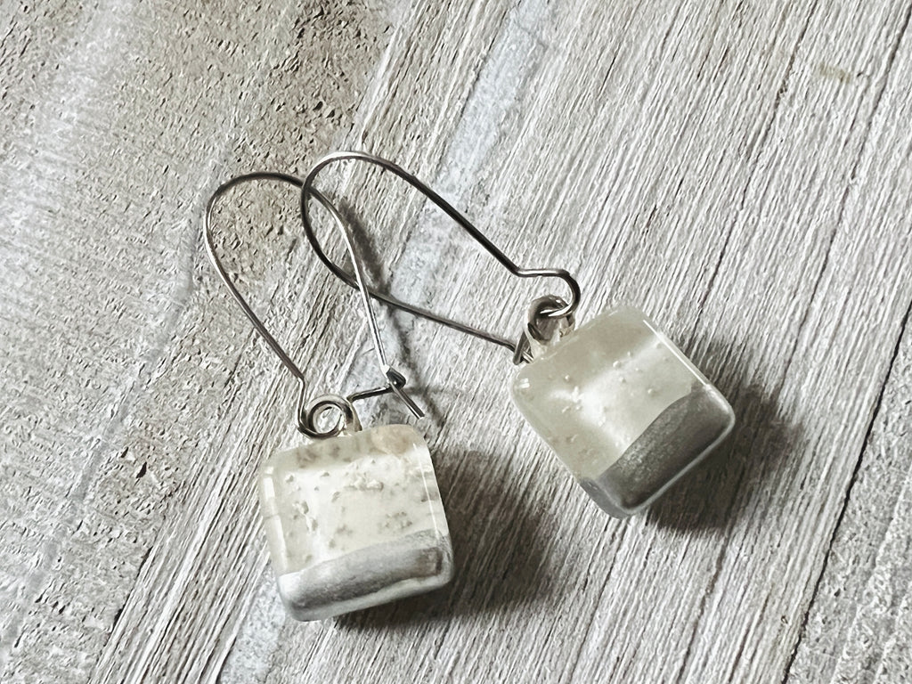 Simply Elegant Fused Glass hand painted silver Earrings~Winter White