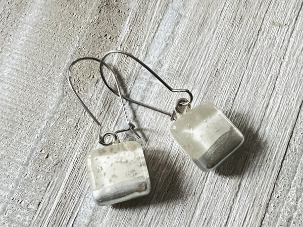 Simply Elegant Fused Glass hand painted silver Earrings~Winter White