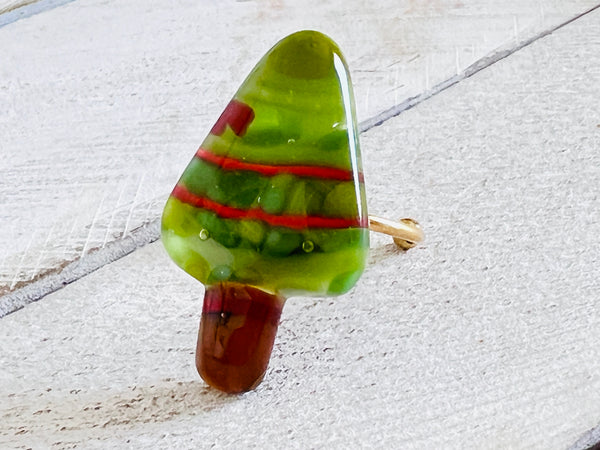 Fused Glass Adjustable Gold Ring~ Holly Jolly