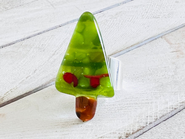 Fused Glass Adjustable Ring~ Holly Jolly