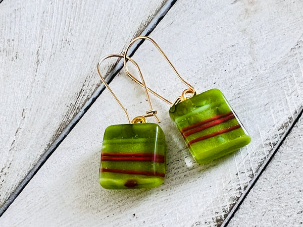 Fused Glass Gold Earrings~ Holly Jolly