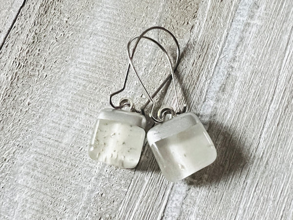 Simply Elegant Fused Glass hand painted silver Earrings~Winter White