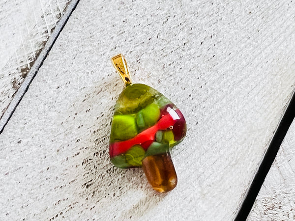 Fused Glass Mini Gold Pendant~ Holly Jolly