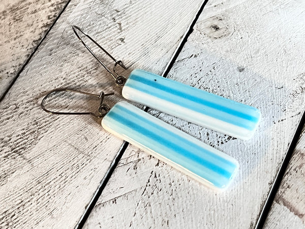 Fused Glass Long Earrings~Blue