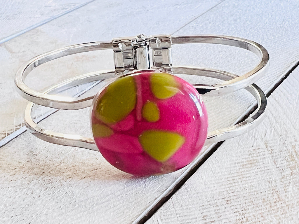 Fused Glass Spring Bracelet~Pink and Green