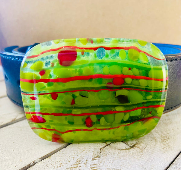 Fused Glass Belt Buckle~ Holly Jolly