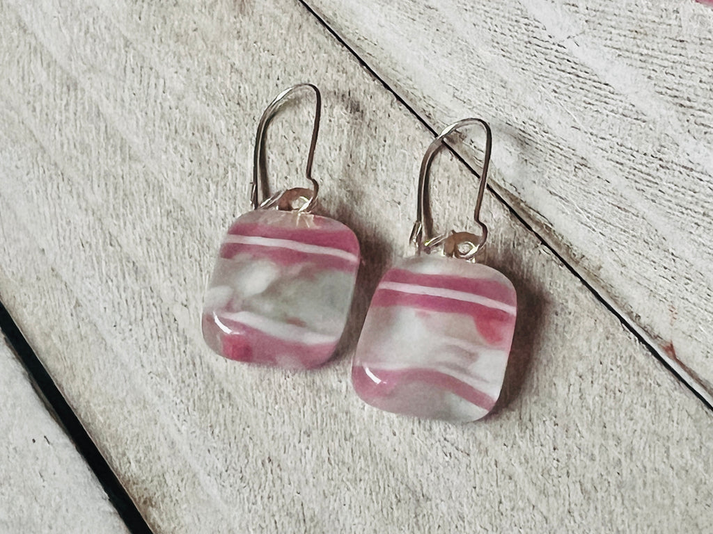 Fused Glass Earring’s l~ Pink and Seafoam Gray