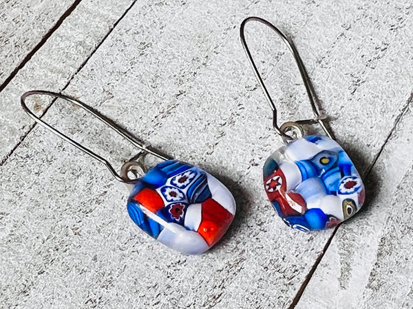 Fused Glass Earrings~Red, White and Blue