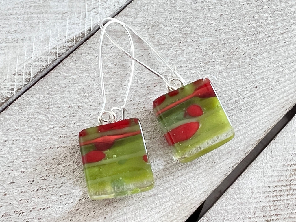 Fused Glass Earrings~ Holly Jolly