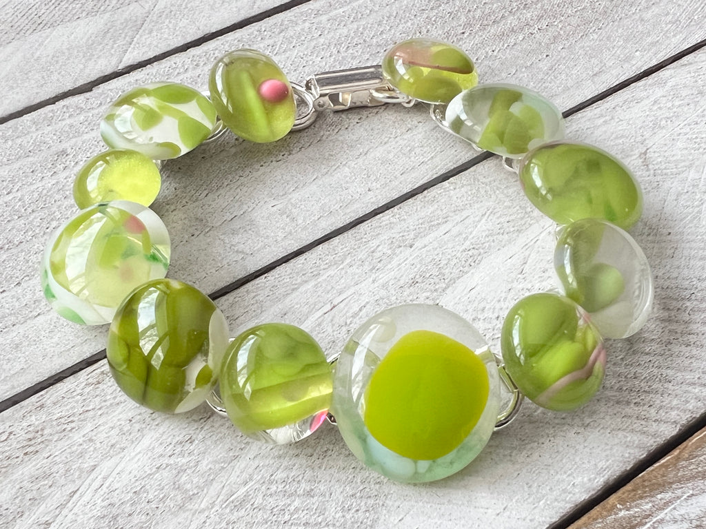 Fused Glass Bracelet ~Green and Pink