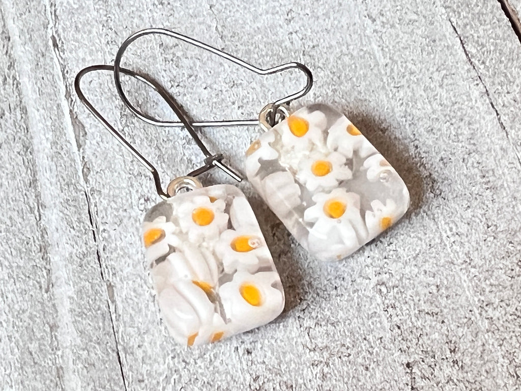 Fused Glass Earrings, Field of Daisies