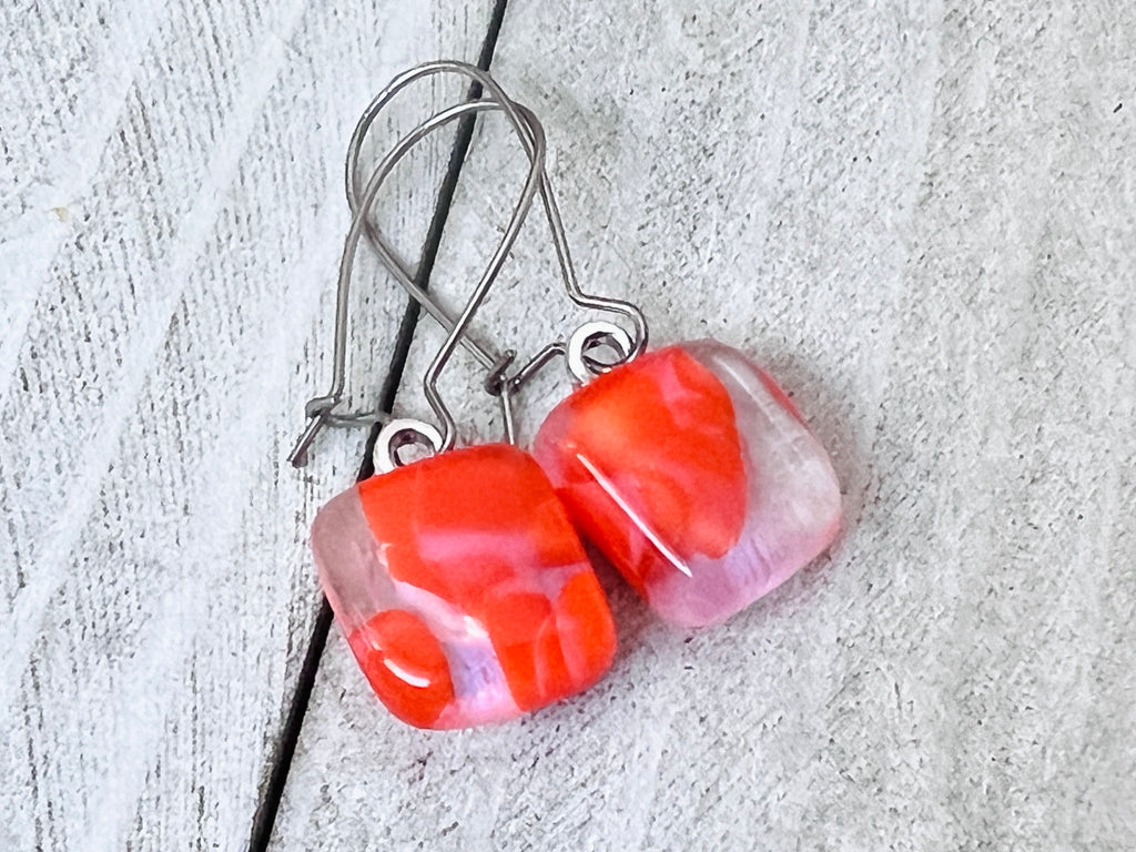 Fused Glass Earrings, Pale Pink & Tangerine