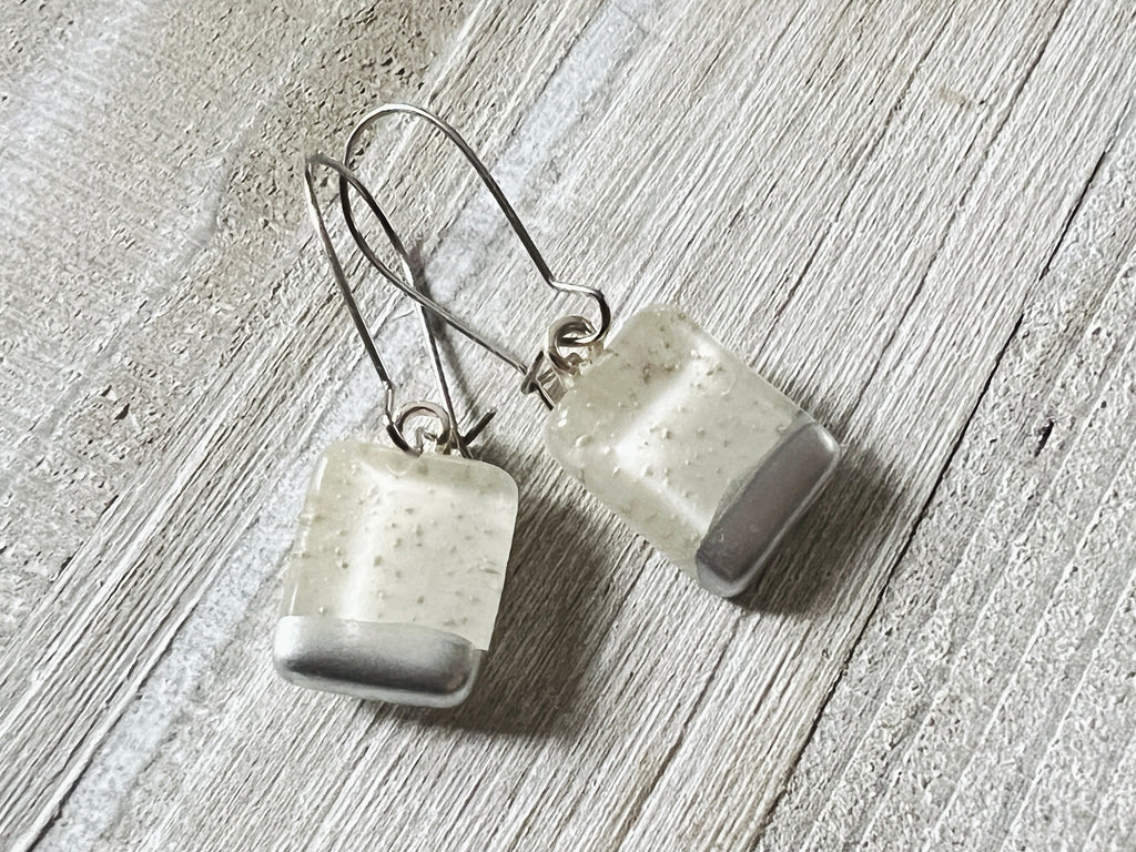 Simply Elegant Fused Glass hand painted silver Earrings~Winter White