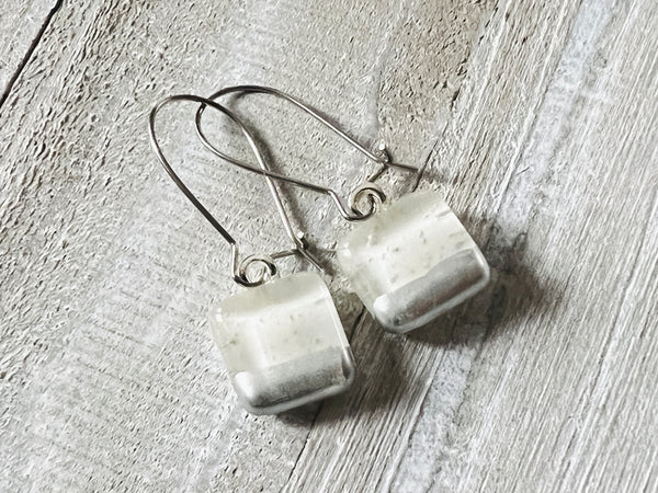 Simply Elegant Fused Glass hand painted silver Earrings~Winter White