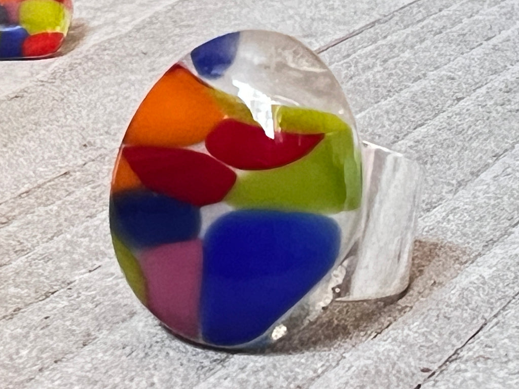 Fused Glass Adjustable Ring~ Confetti