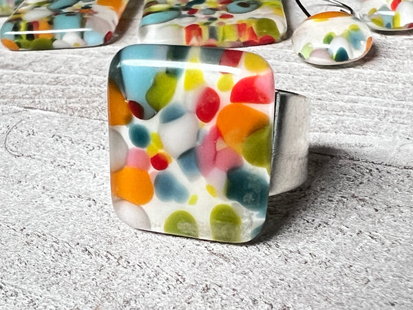 Fused Glass Adjustable Ring~ Confetti