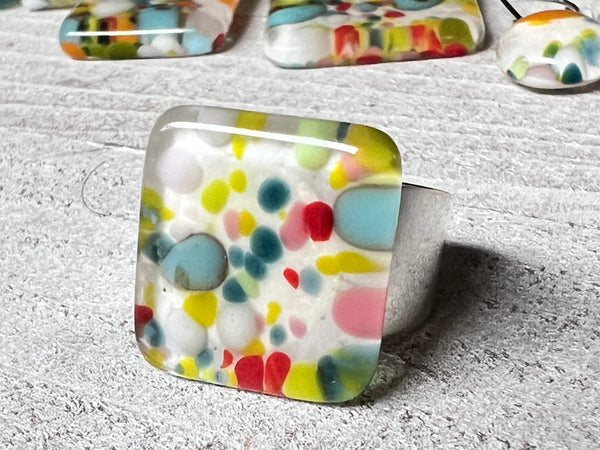 Fused Glass Adjustable Ring~ Confetti