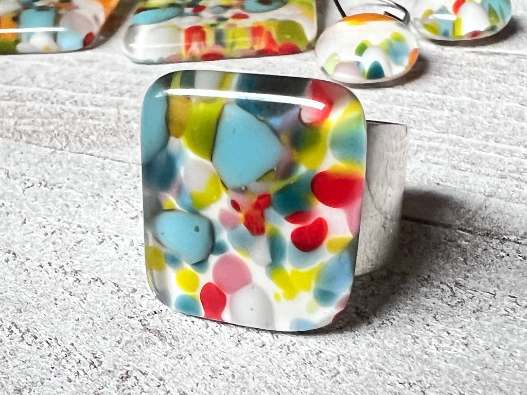 Fused Glass Adjustable Ring~ Confetti