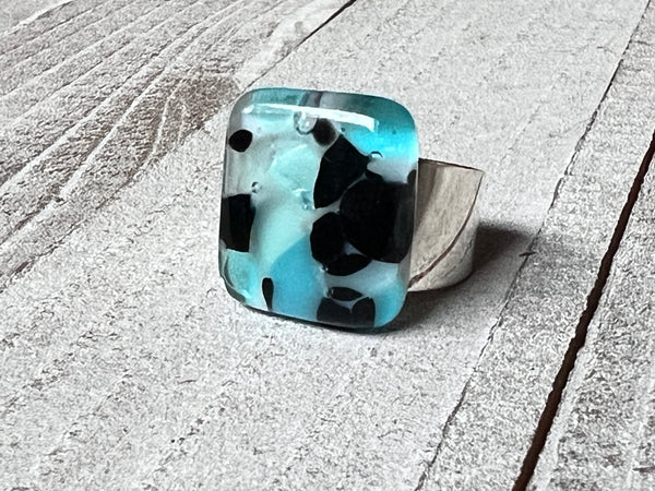 Fused Glass Blue&Black Ring