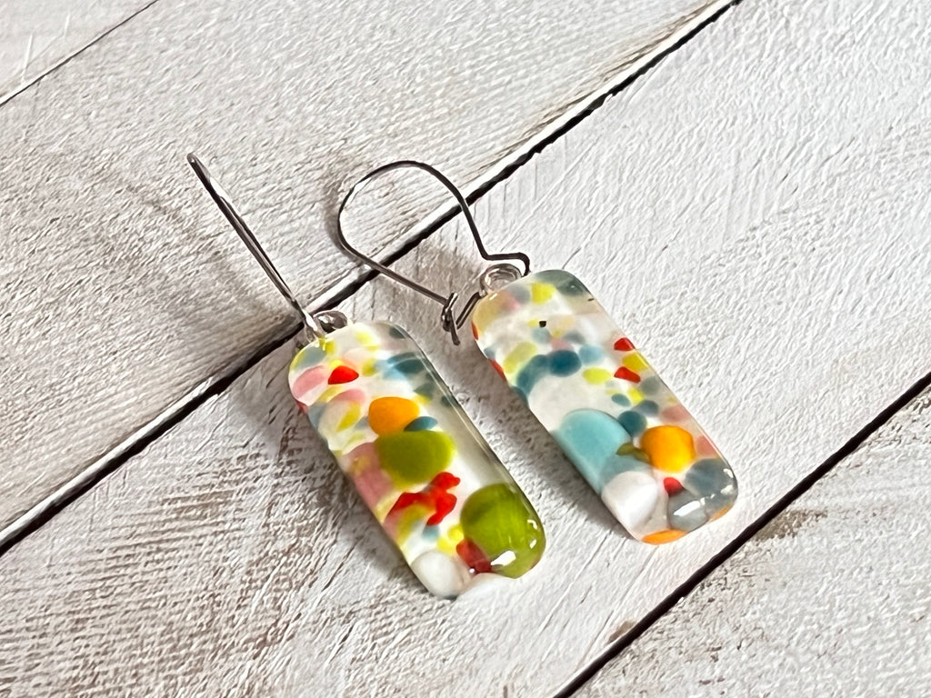 Fused Glass Long Earrings~Confetti