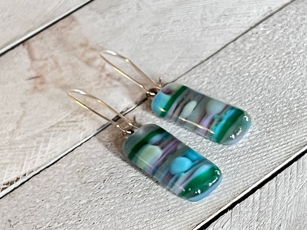 Fused Glass Long Earrings~Purple, Blue and Greem