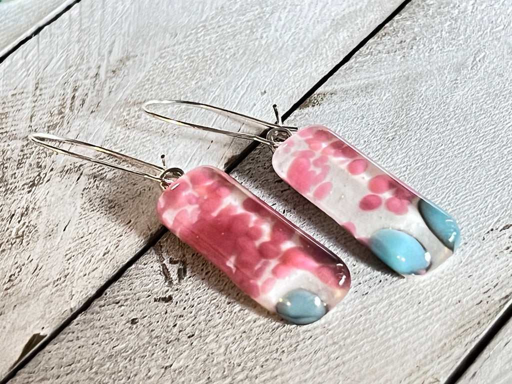 Fused Glass Long Earrings~Blue and Pink