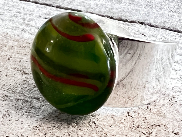 Fused Glass Adjustable Ring~ Holly Jolly