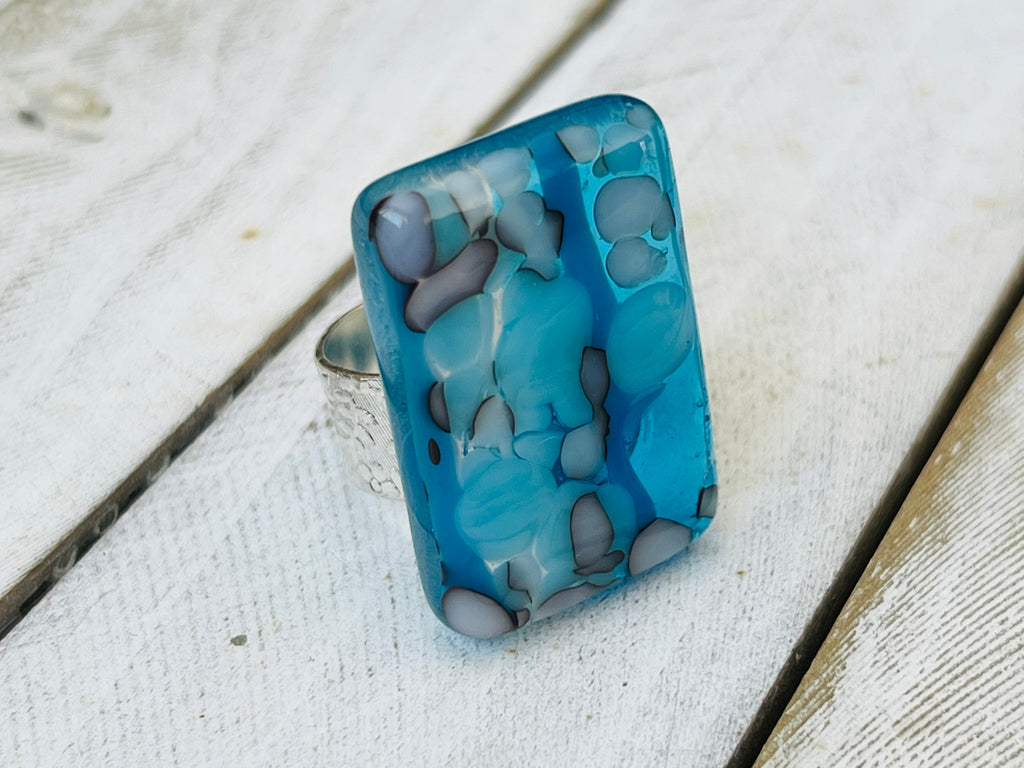 Touch Of Blue Sparkle Fused Glass Adjustable Ring~